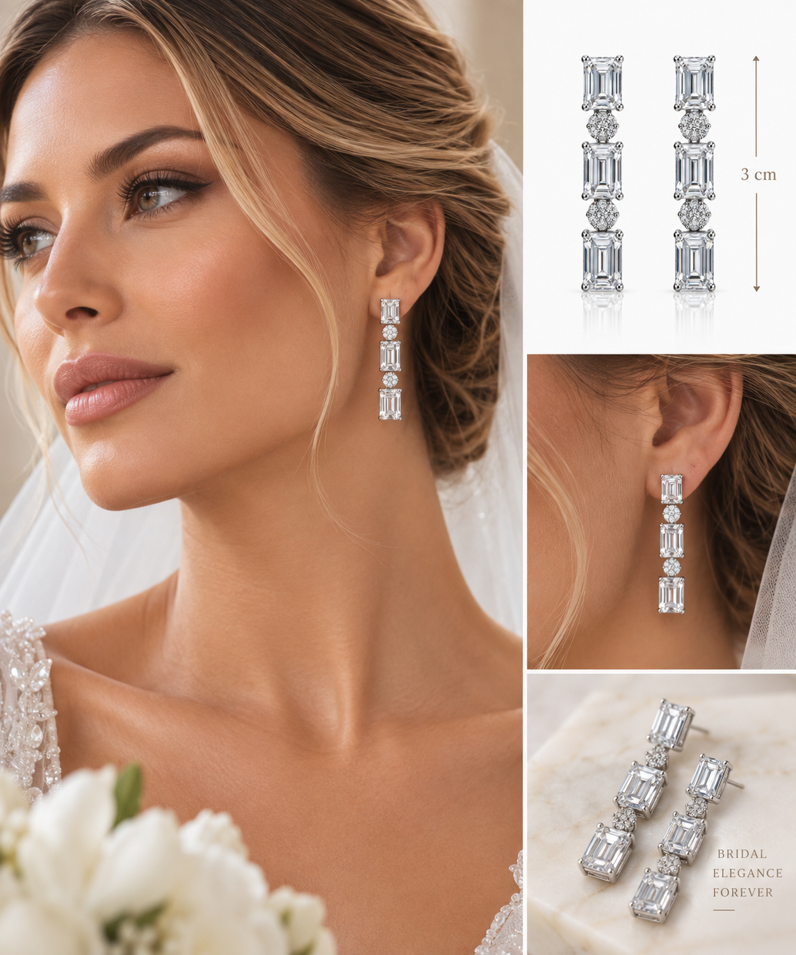 Νυφικά Κρεμαστά Σκουλαρίκια από Ασήμι 925 με Emerald Cut Λευκά Ζιργκόν - Image 2